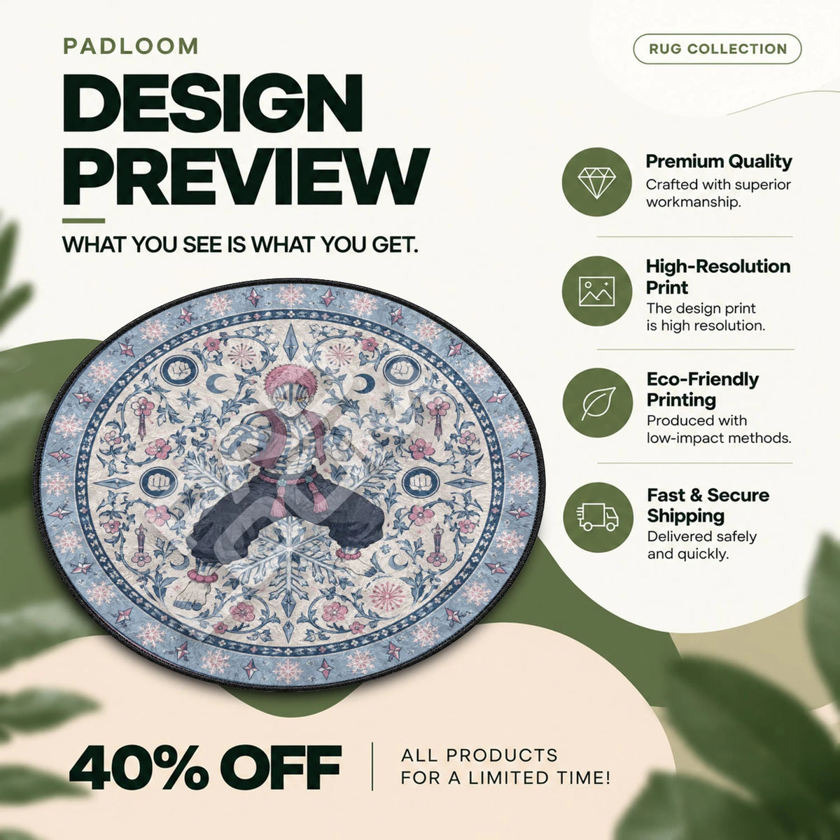 Akaza Fighting Demon Slayer round rug full design preview