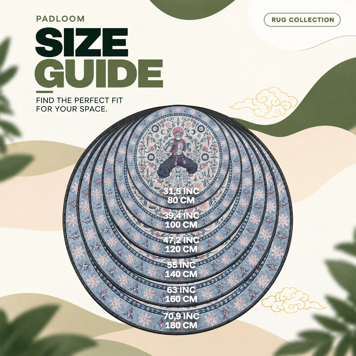 Akaza Fighting round rug size guide, 80 to 180 cm (31.5 to 70.9 in)