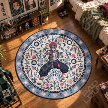 Akaza Fighting Demon Slayer round rug on a bedroom floor - Demon Slayer chair mat