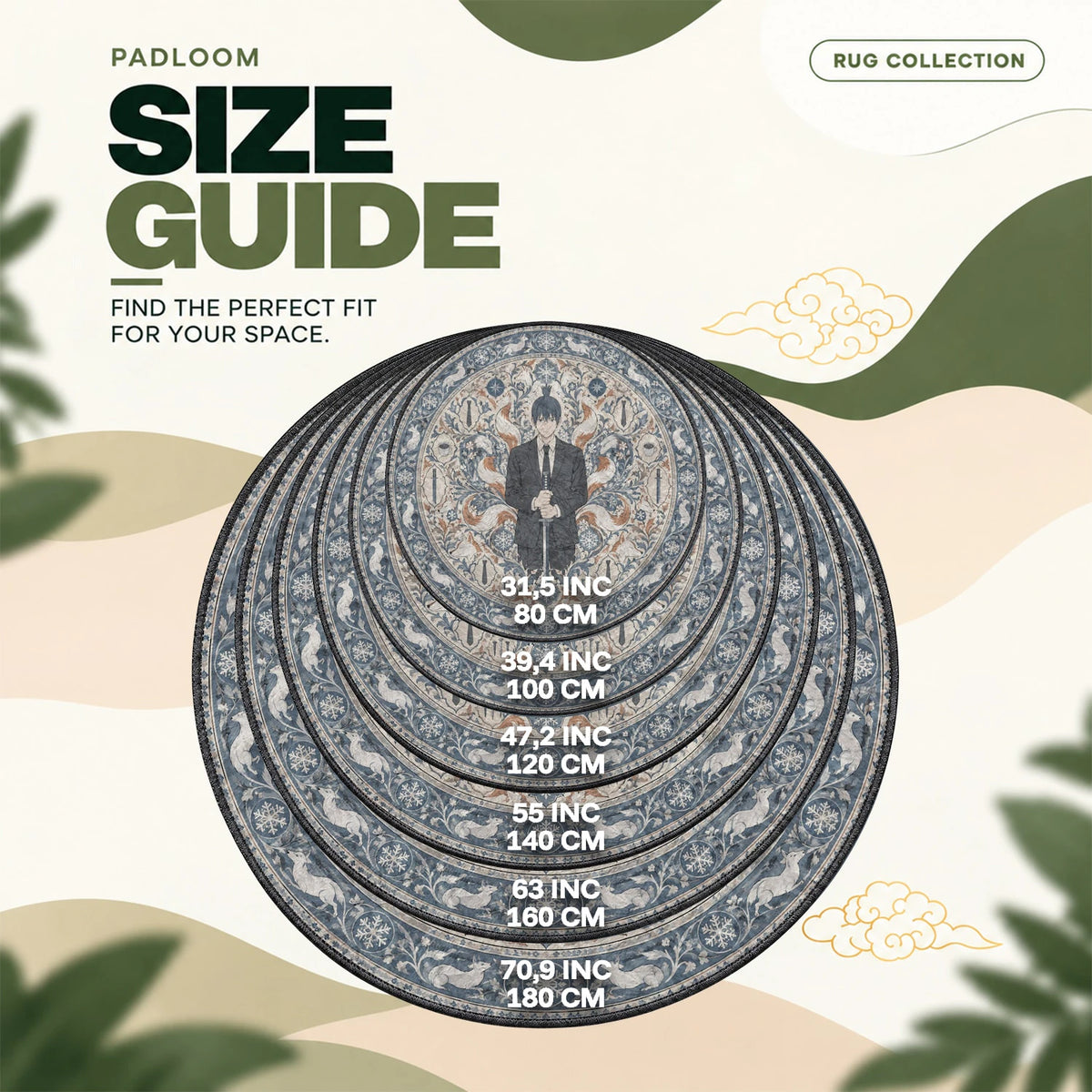 Aki Fox round rug size guide, 80 to 180 cm (31.5 to 70.9 in)
