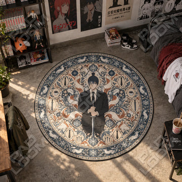 Aki Fox Chainsaw Man round rug on a bedroom floor - Chainsaw Man chair mat