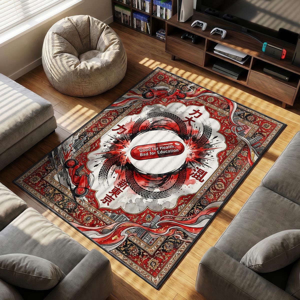 Akira Red themed area rug for Cyberpunk fans