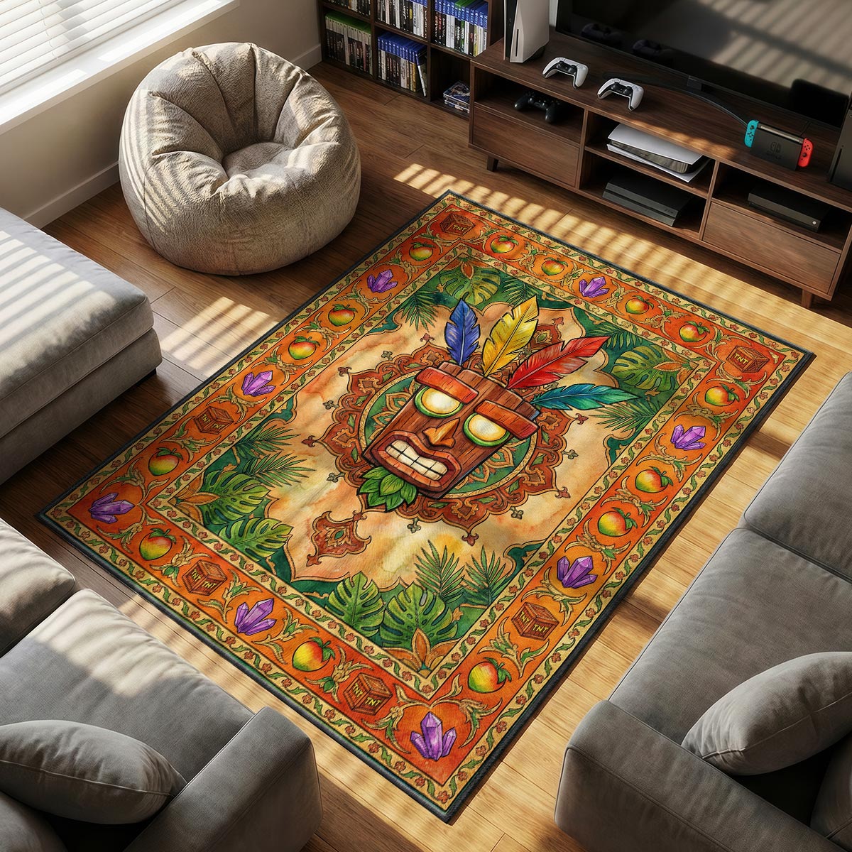 Aku Aku themed area rug for home decor fans