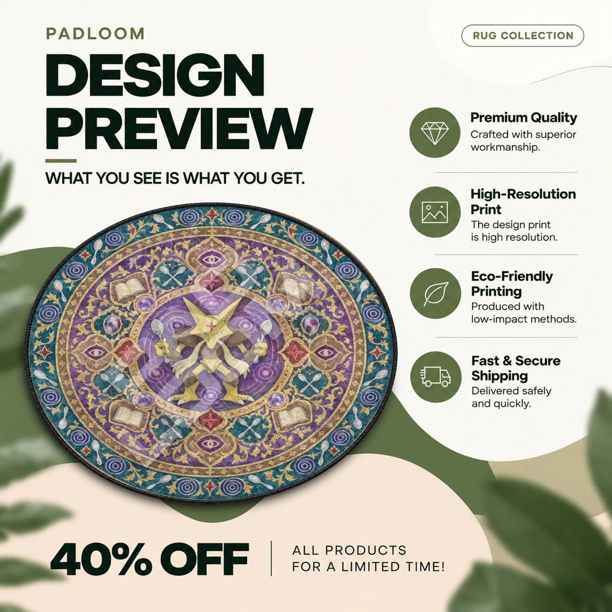 Alakazam Spoons Pokemon round rug full design preview