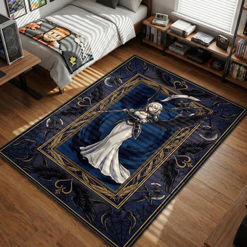 Albedo from Overlord standing with black wings and bardiche axe in an ornate gothic gold frame rug design.
