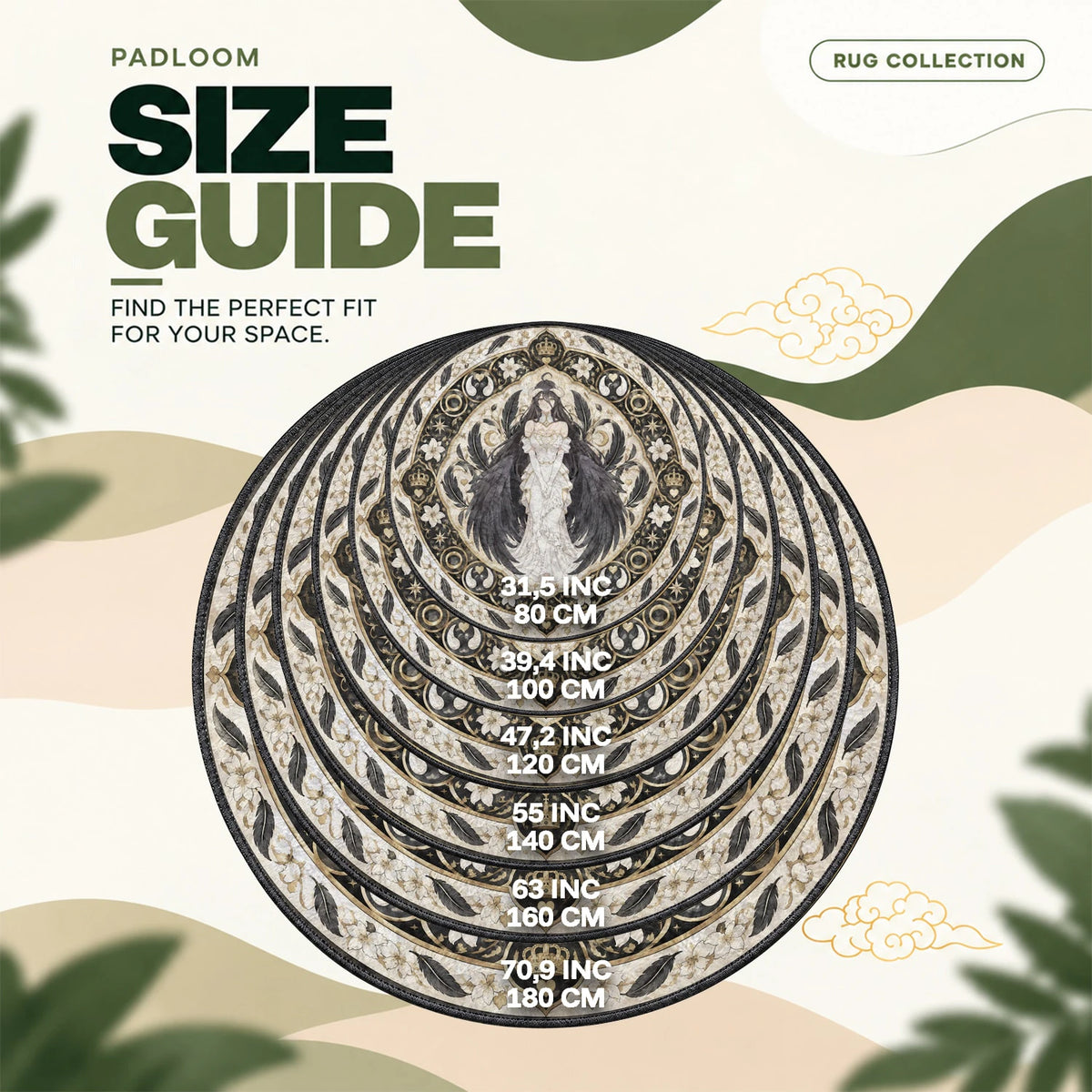 Albedo Winged round rug size guide, 80 to 180 cm (31.5 to 70.9 in)