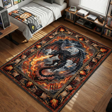 Alduin dragon breathing fire amidst meteor storm fantasy art style gaming area rug and floor mat