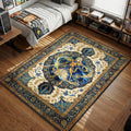 Alice Synthesis Thirty wielding Osmanthus Blade in gold armor surrounded by blue and cream floral border area rug and floor mat