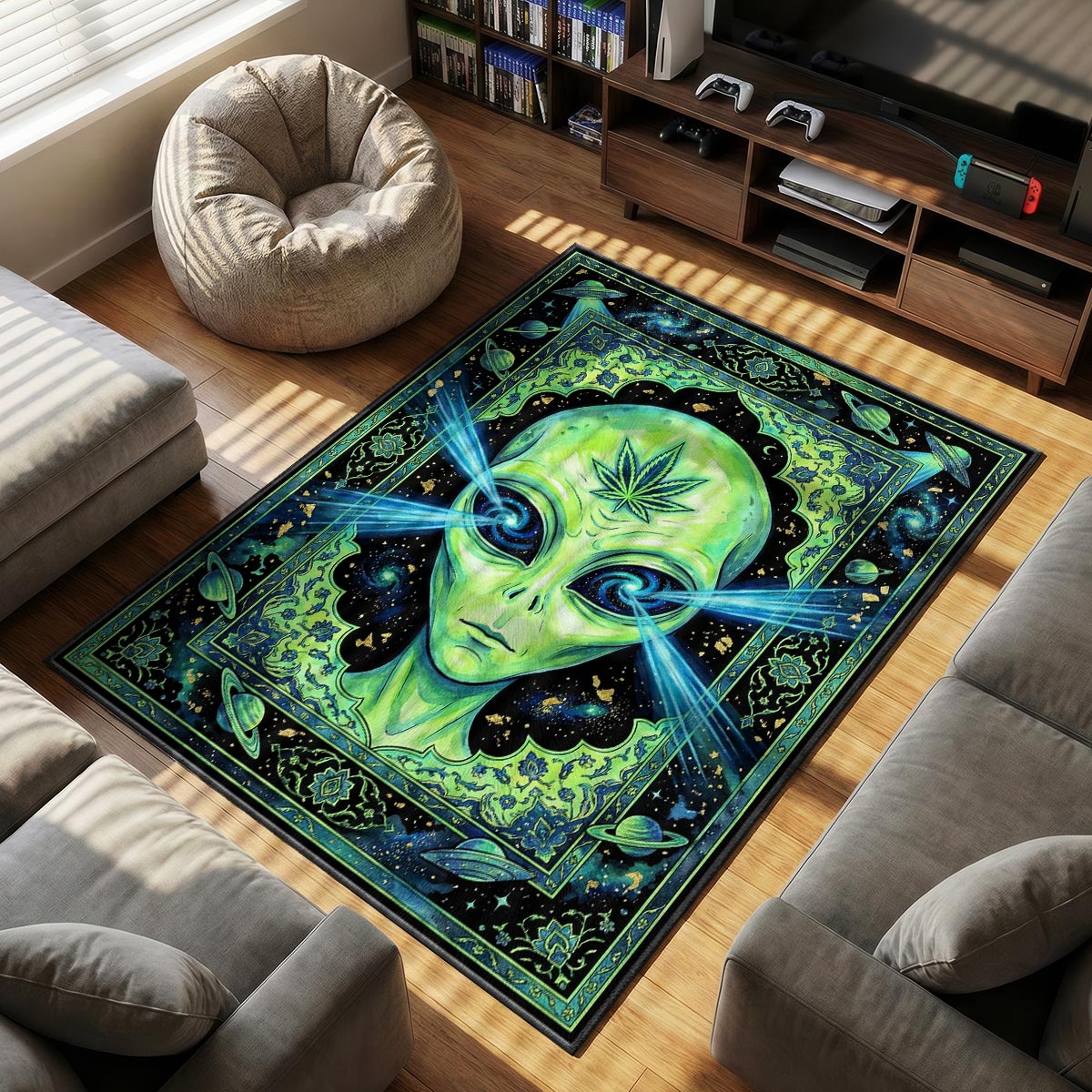Alien Cannabis themed area rug for home decor fans