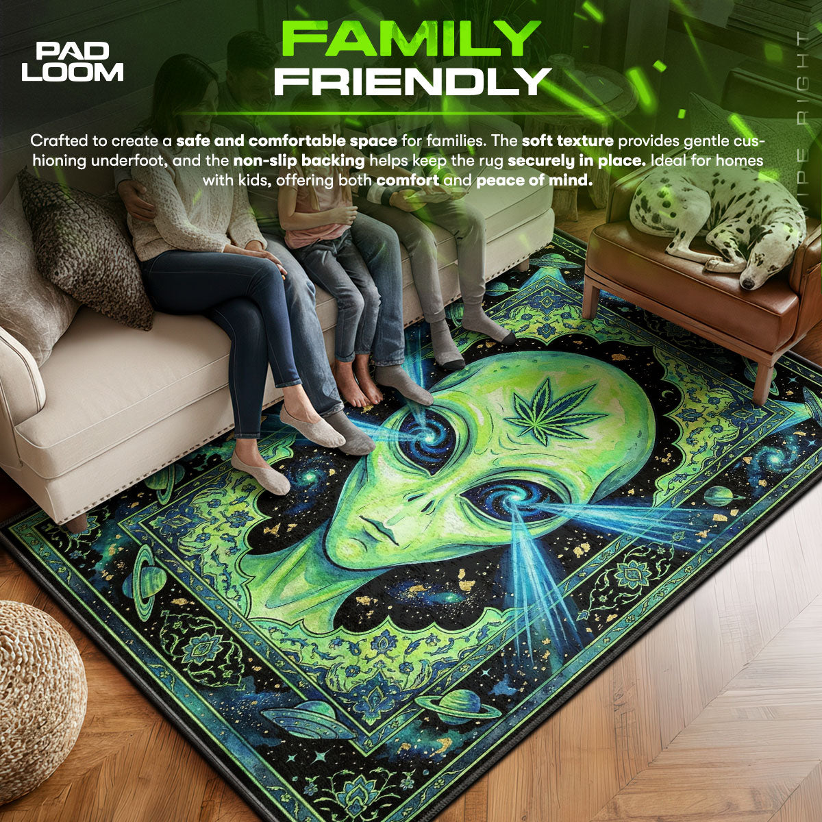 Alien area rug showing full home decor artwork