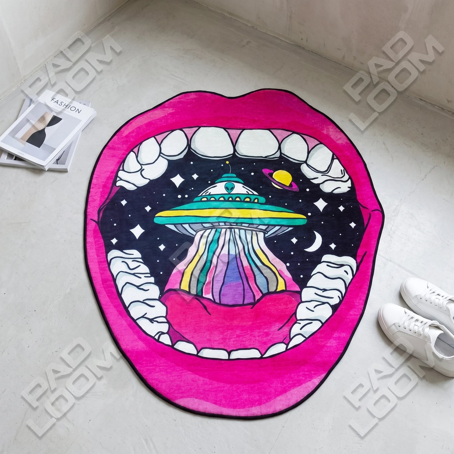 Alien Mouth shaped rug shown in a room setting