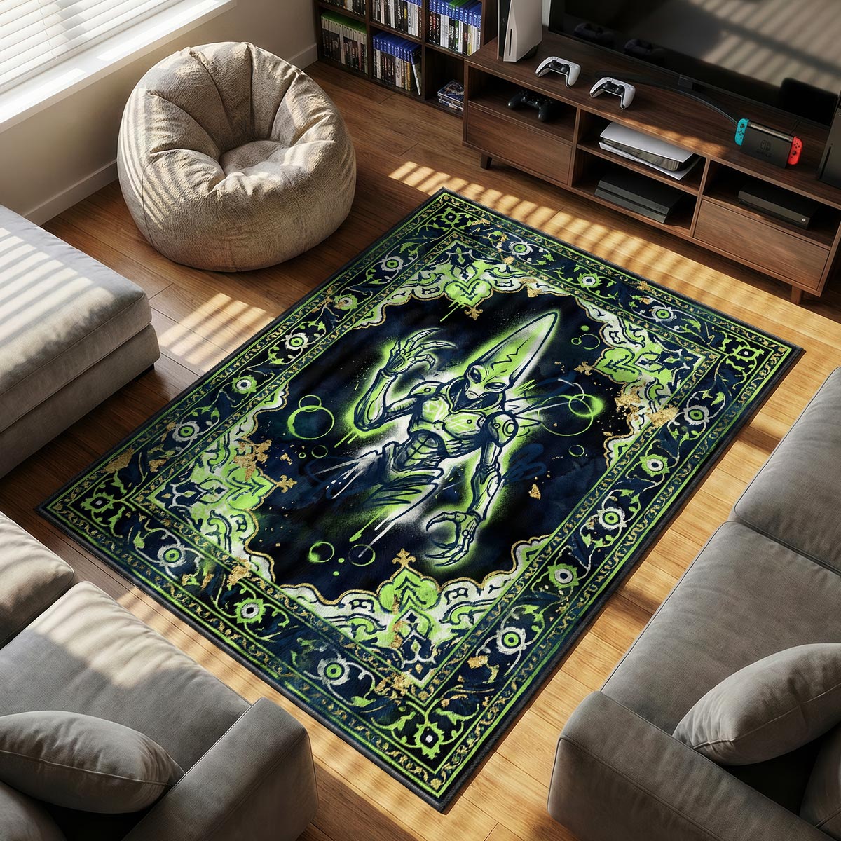Alien Neon themed area rug for home decor fans