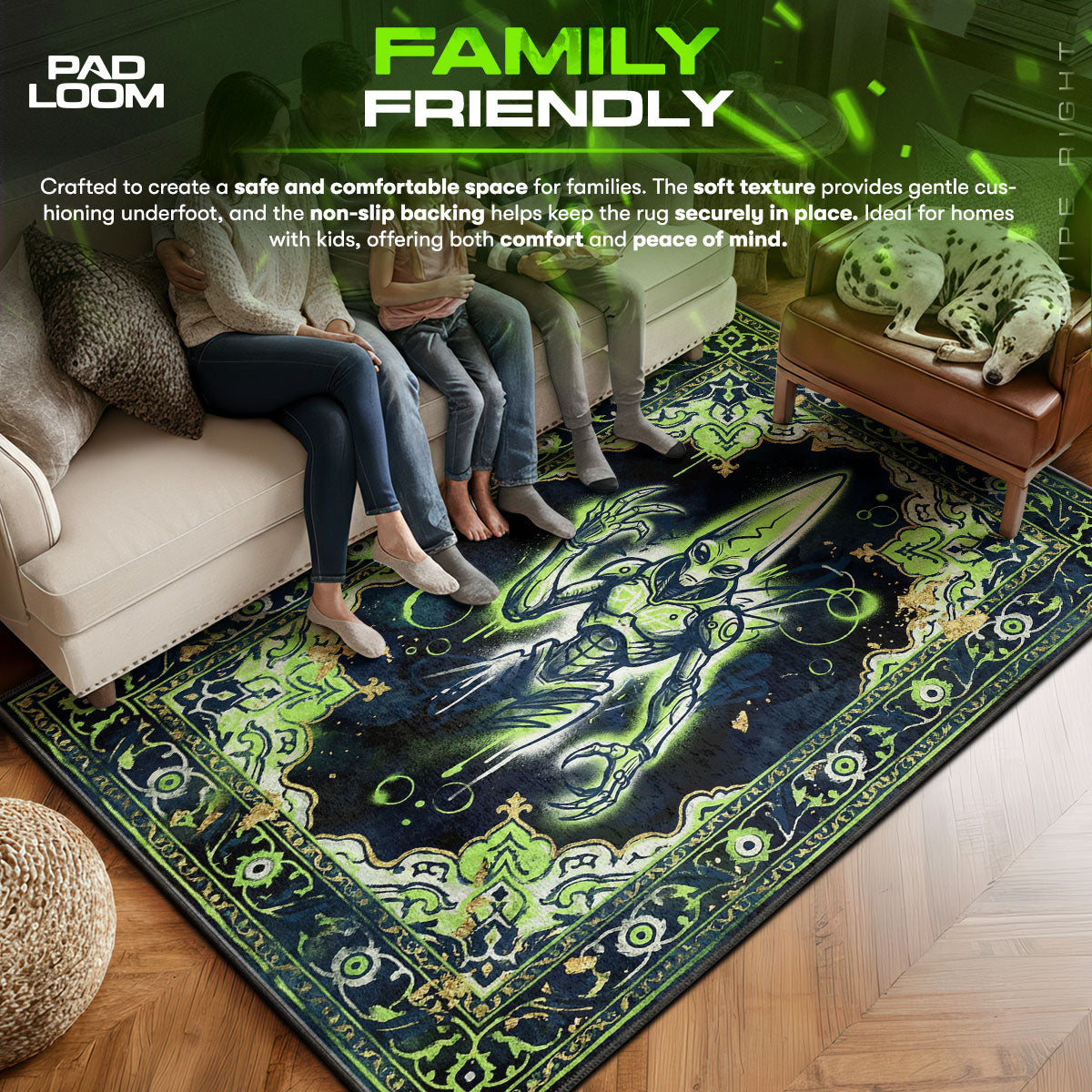 Alien area rug showing full home decor artwork