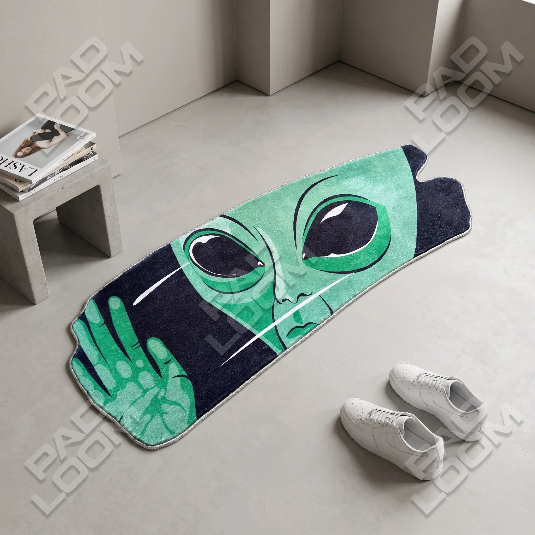 Alien shaped rug shown in a room setting