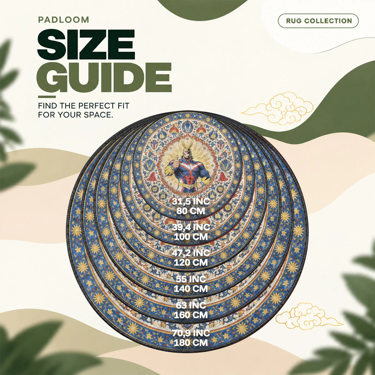 All Might Sunburst round rug size guide, 80 to 180 cm (31.5 to 70.9 in)