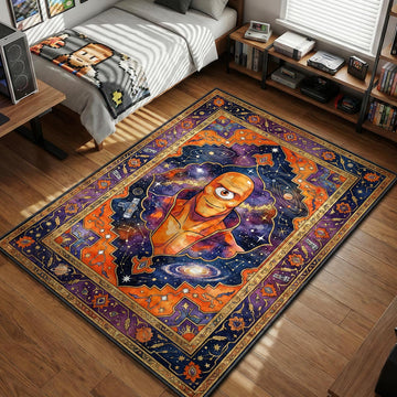 Allen the Alien smiling in space with planets and constellations ornate traditional Persian art style movie themed area rug and home theater mat