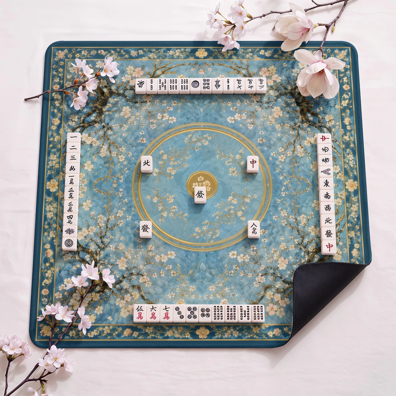 Almond Blossom design close-up on mahjong mat surface