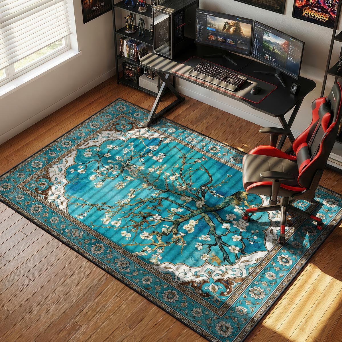 Almond blossom kitchen rug on light tile floor in a bright Mediterranean-style kitchen with flowers