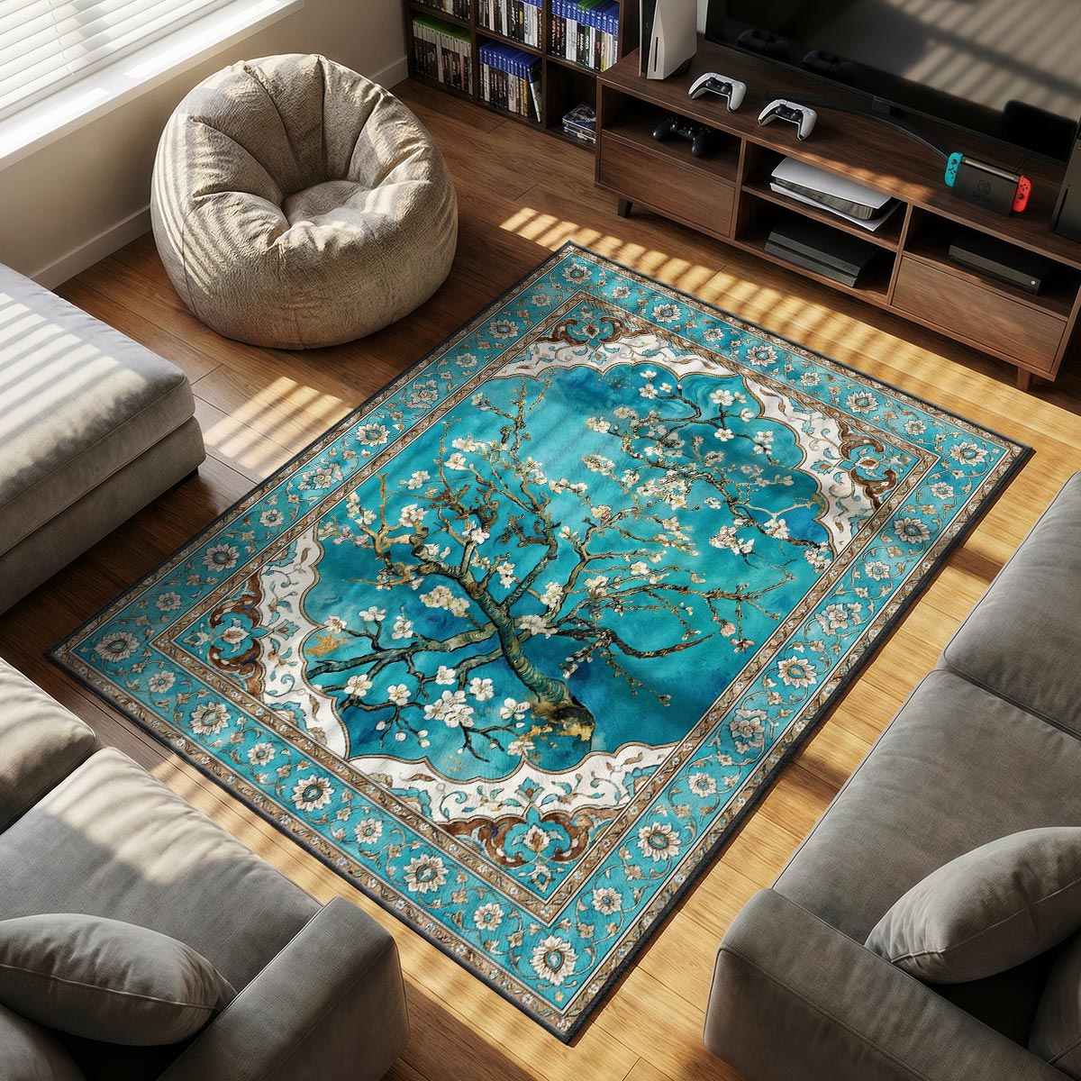 Close-up of almond blossom mat showing white petal and bark texture detail on turquoise velvet
