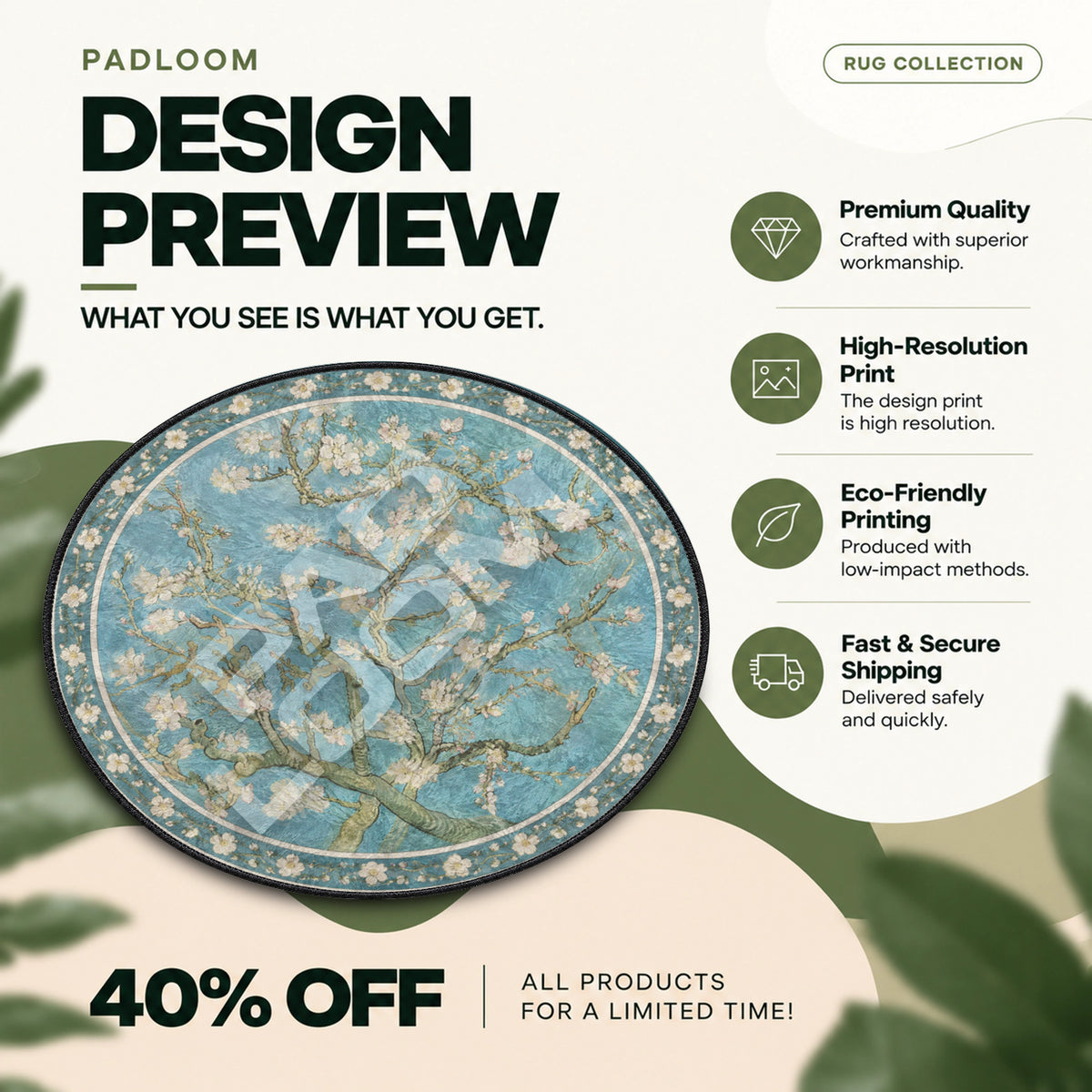Almond Blossom Turquoise floral round rug full design preview