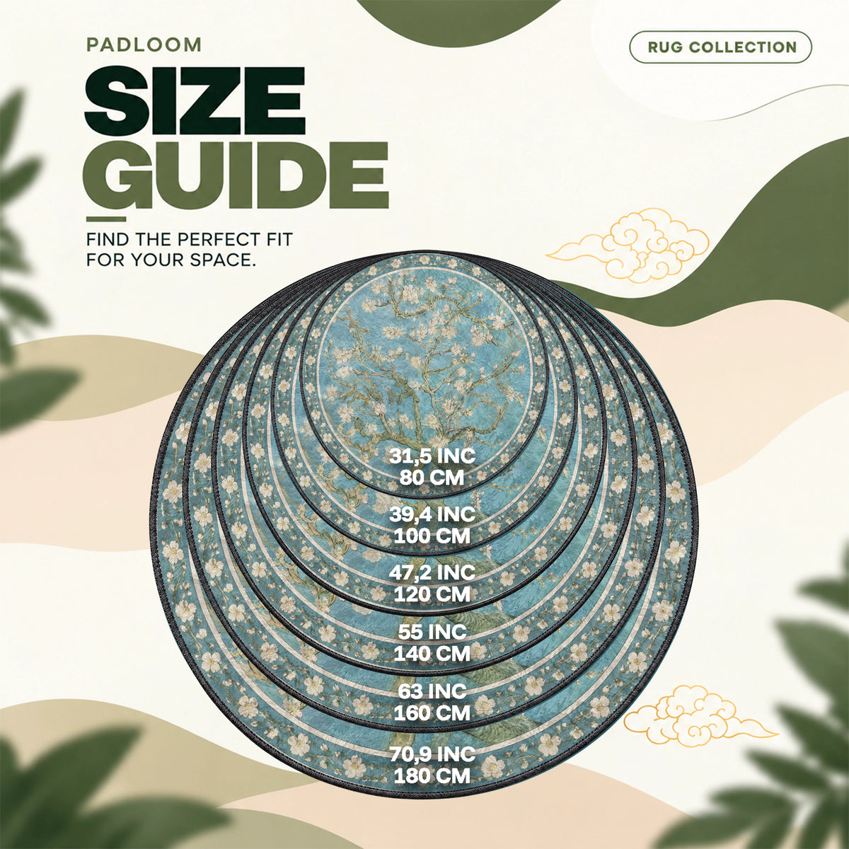 Almond Blossom Turquoise round rug size guide, 80 to 180 cm (31.5 to 70.9 in)