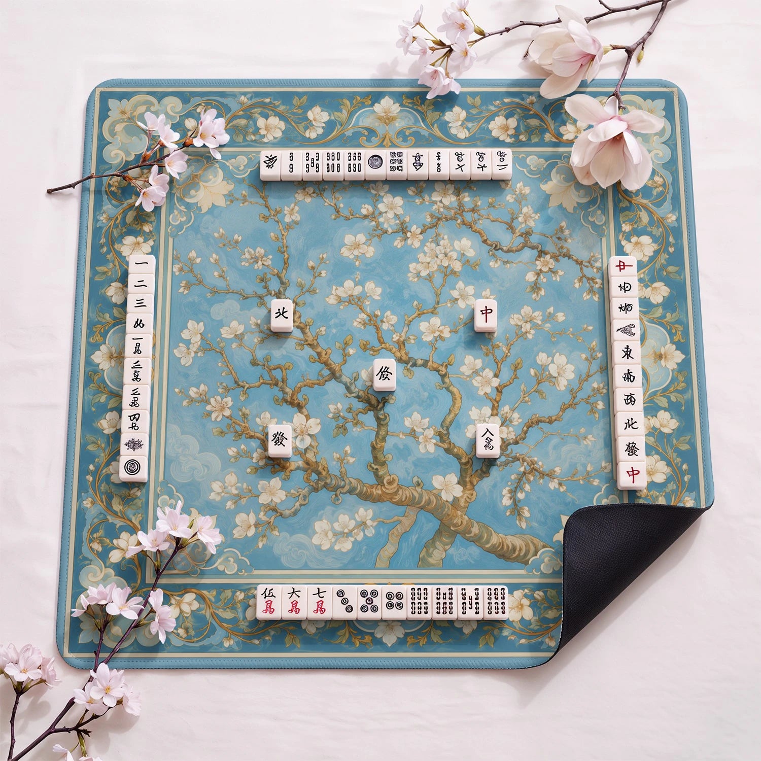 Almond Branch Blue design close-up on mahjong mat surface