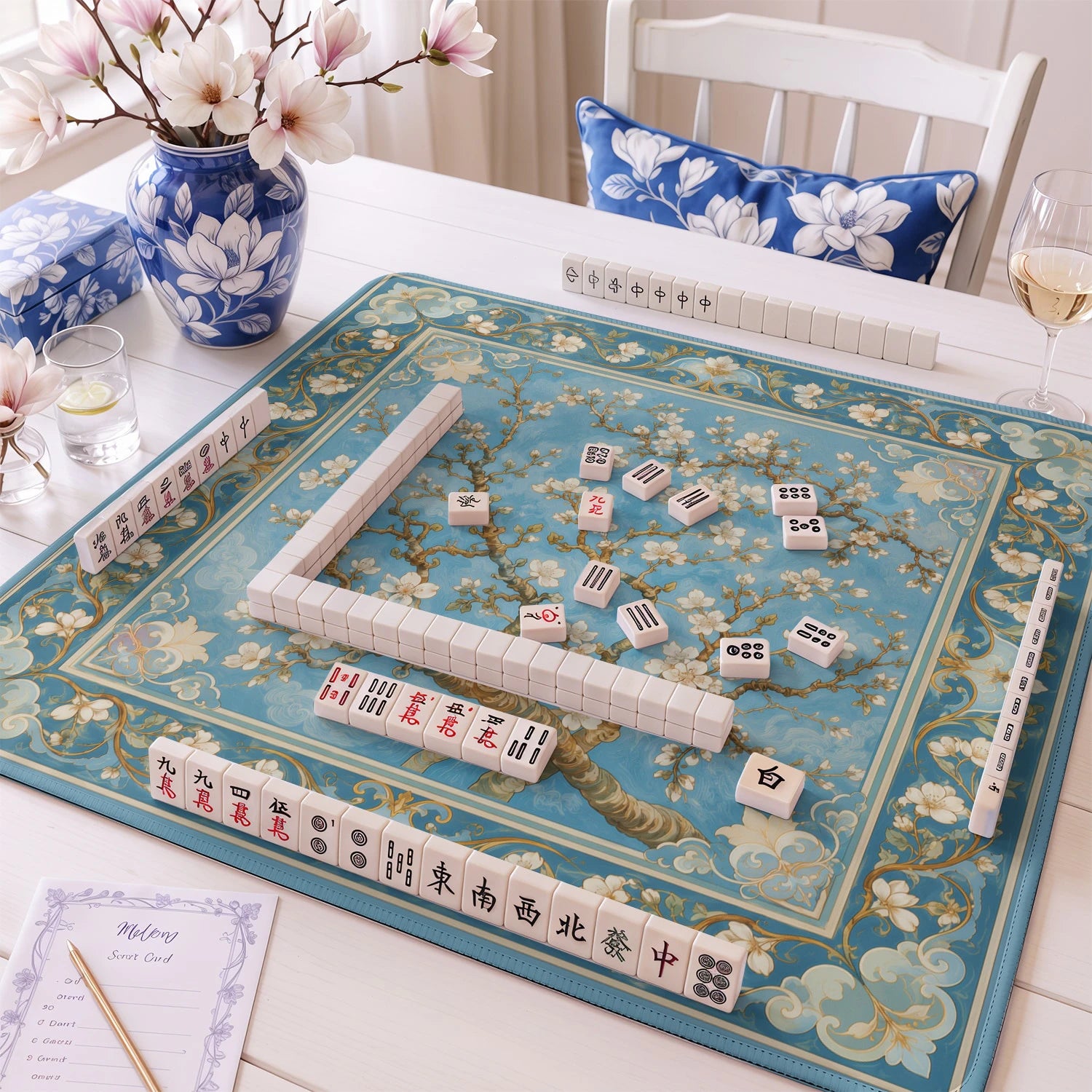 Almond Branch Blue mahjong mat – M (60x60 cm) and L (81x81 cm) sizes