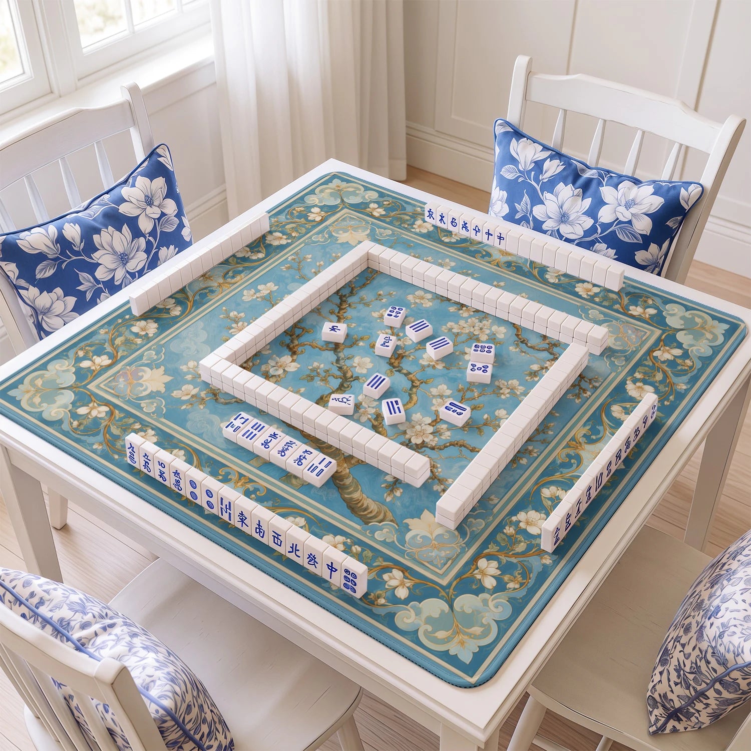 Almond Branch Blue mahjong mat with tiles and racks on the table