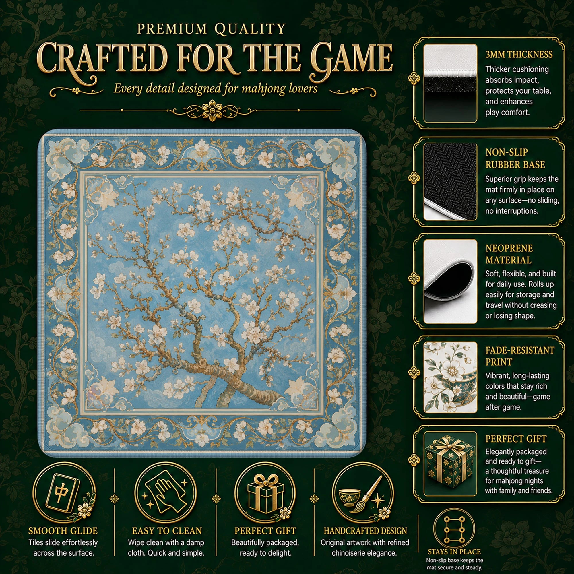 Almond Branch Blue Mahjong Mat – neoprene mah jongg table mat