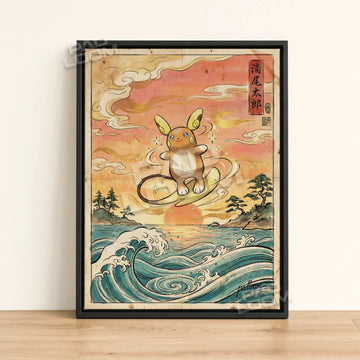 Alolan Raichu Surfing Pokemon poster - framed canvas wall art in a black frame