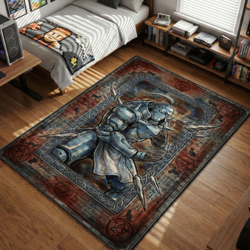 Alphonse Elric in full steel armor performing a martial arts stance, surrounded by floating stone spikes, stray cats, and transmutation circles on a rustic border.