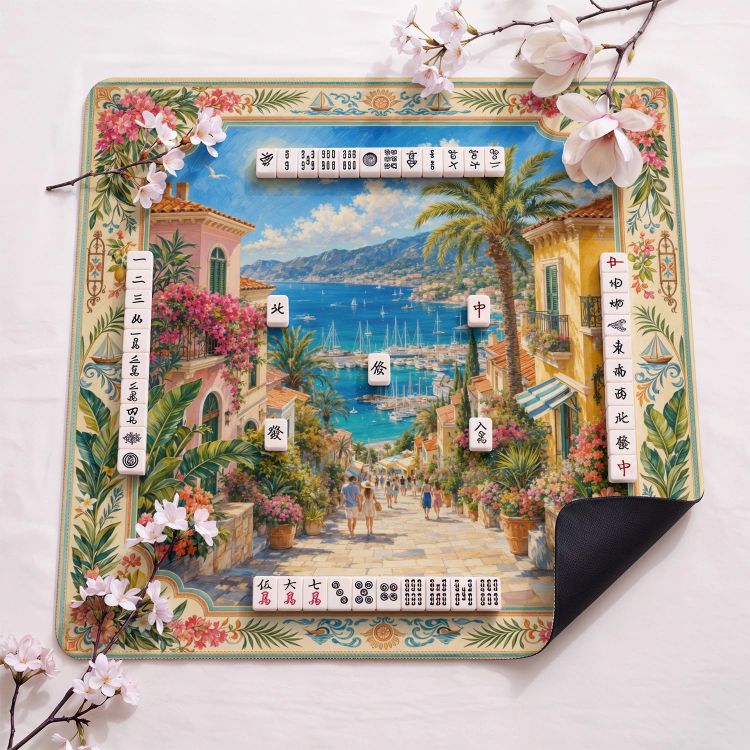 Amalfi Coast design close-up on mahjong mat surface