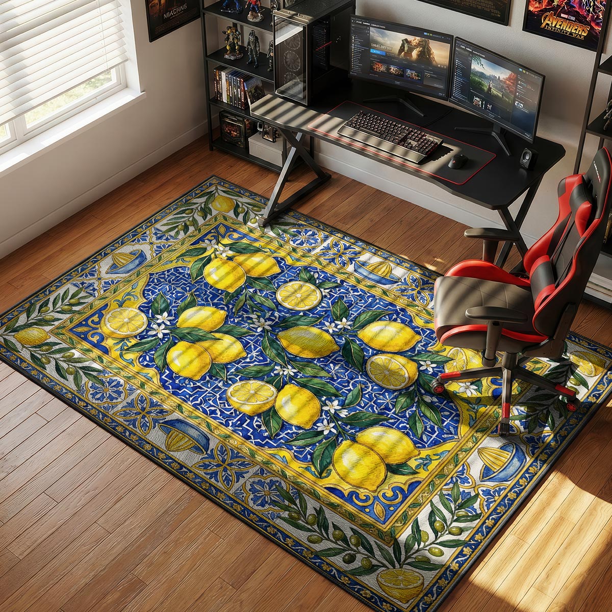 Amalfi lemon kitchen rug on terracotta tile floor near olive oil and a bright Italian kitchen
