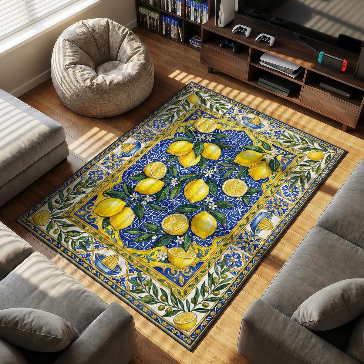 Close-up of lemon mat showing halved fruit segment detail and blue tile pattern on velvet