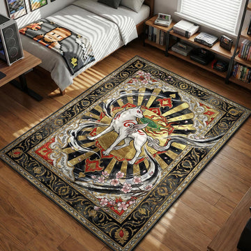 Amaterasu wolf goddess posing with divine reflector and cherry blossoms in Japanese sumi-e art style gaming area rug and floor mat