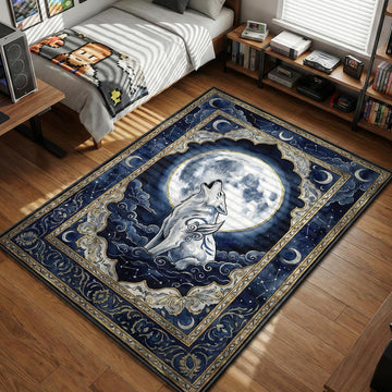 Amaterasu white wolf howling at giant full moon with starry blue night sky in sumi-e ink style gaming area rug and floor mat