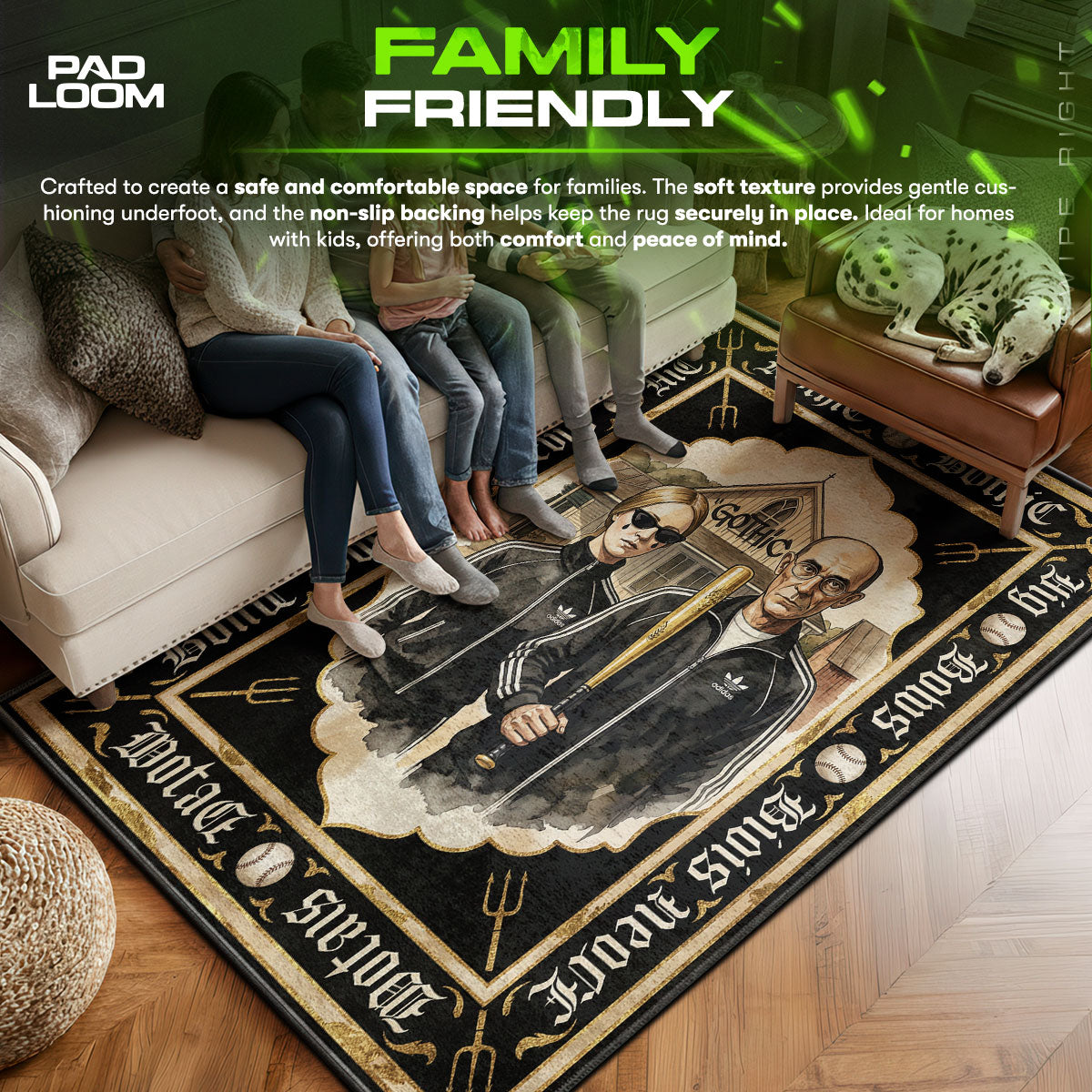 Adidas area rug showing full Gothic artwork