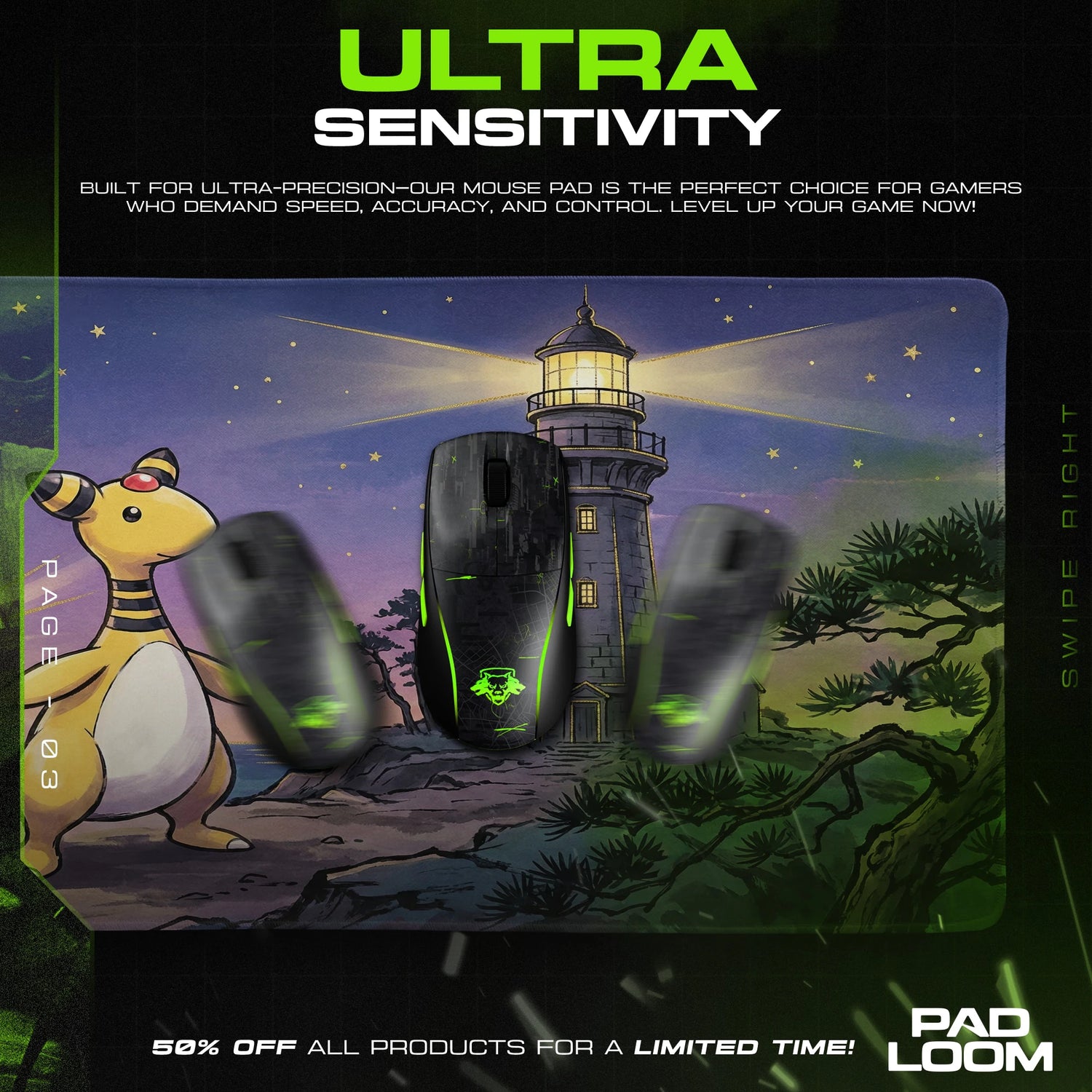 Ampharos Lighthouse Glow Mouse Pad - Pokemon Desk Mat