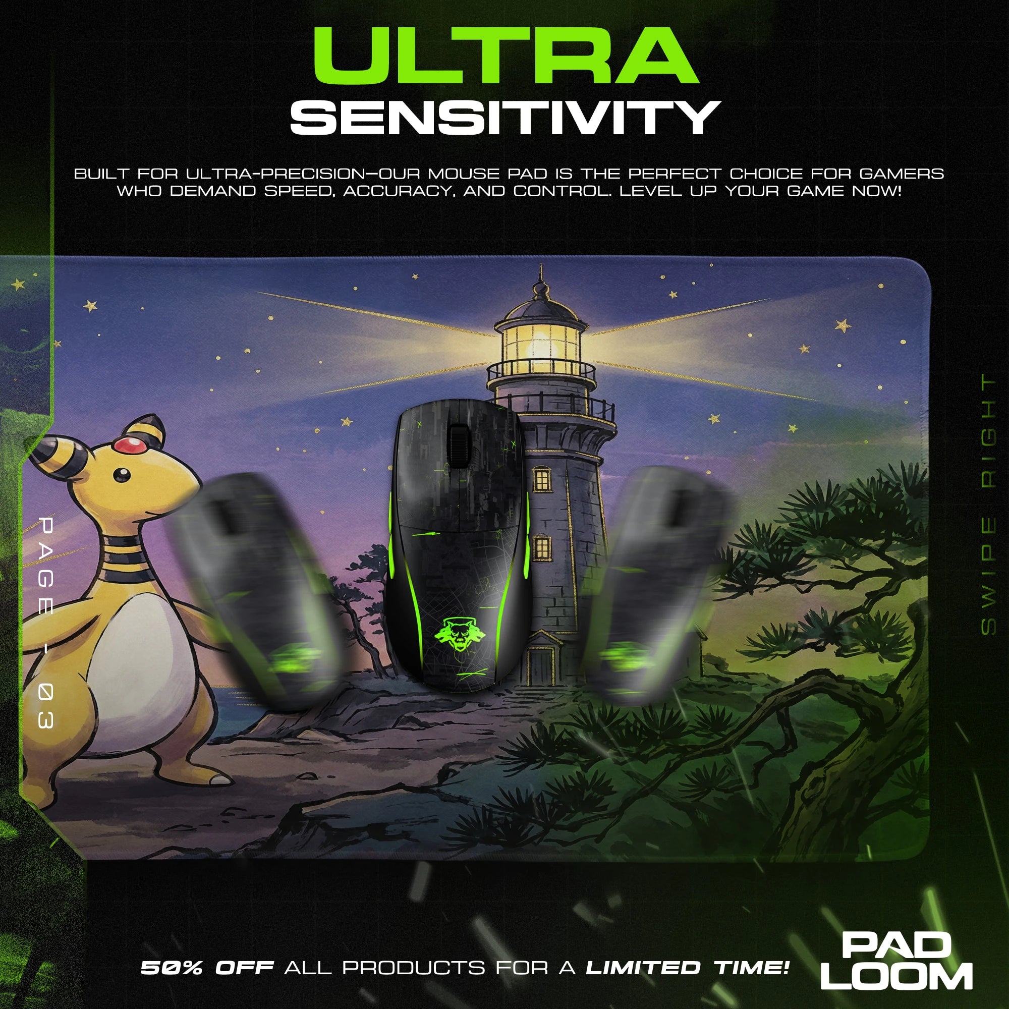 Ampharos Lighthouse Glow Mouse Pad - Pokemon Desk Mat