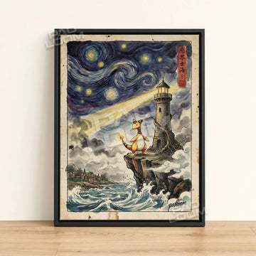 Ampharos Lighthouse Pokemon poster - framed canvas wall art in a black frame