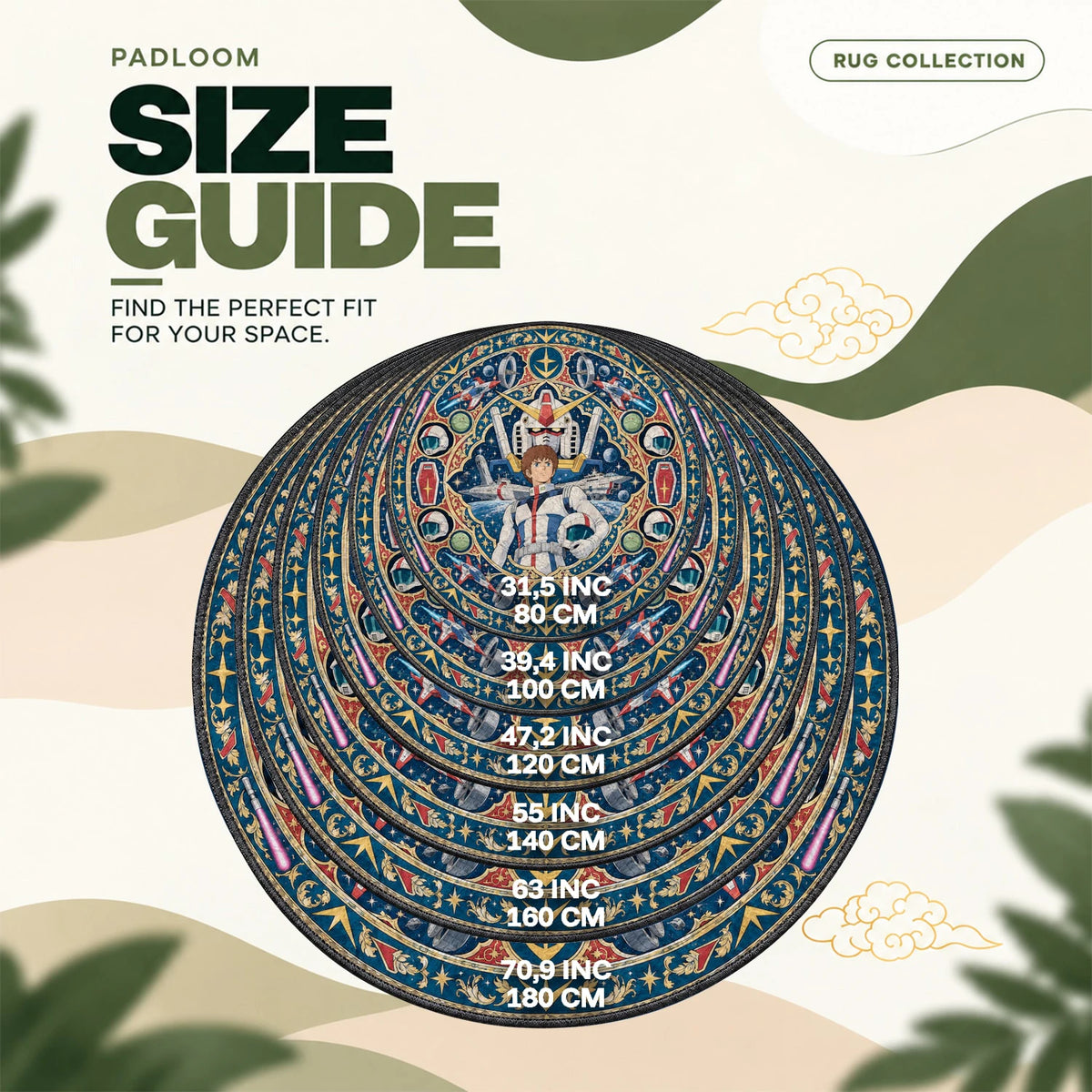 Amuro Helmet round rug size guide, 80 to 180 cm (31.5 to 70.9 in)