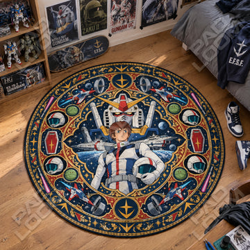 Amuro Helmet Gundam round rug on a bedroom floor - Gundam chair mat