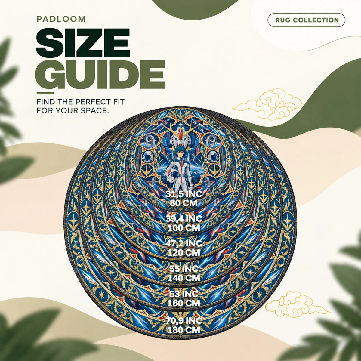 Amuro Medallion round rug size guide, 80 to 180 cm (31.5 to 70.9 in)