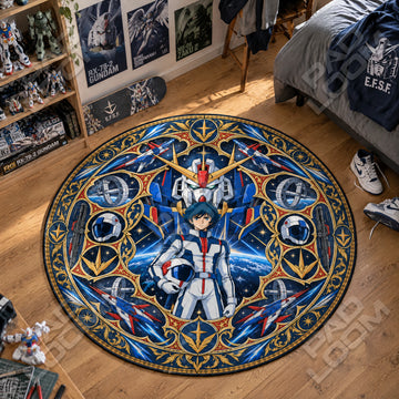Amuro Medallion Gundam round rug on a bedroom floor - Gundam chair mat