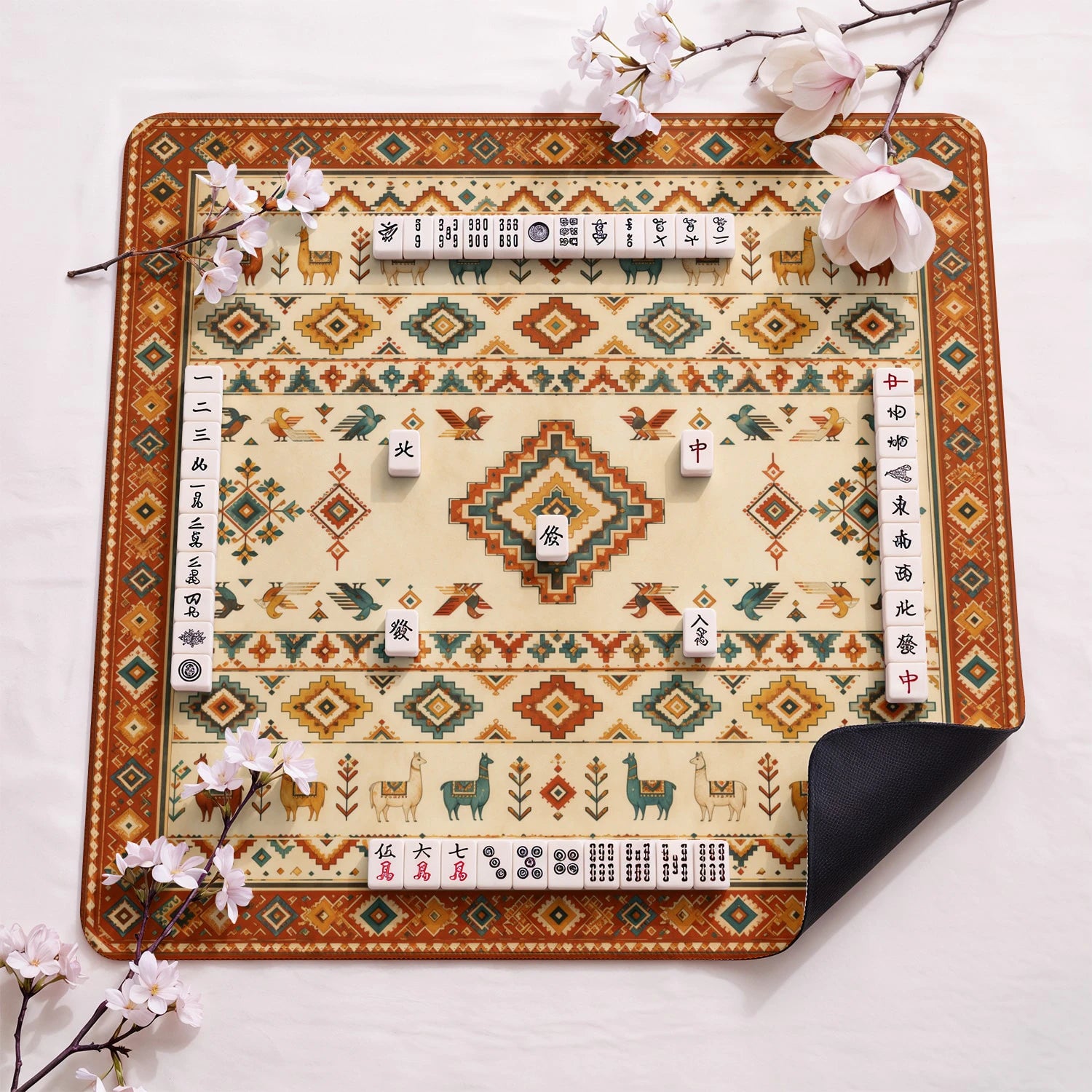 Andean Llama design close-up on mahjong mat surface
