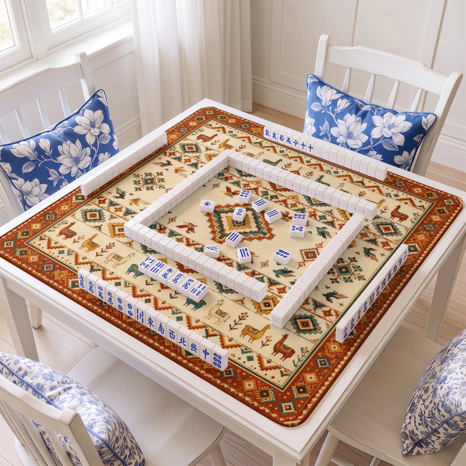 Andean Llama mahjong mat with tiles and racks on the table