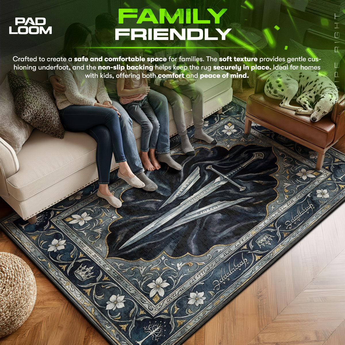 Anduril area rug showing full home decor artwork