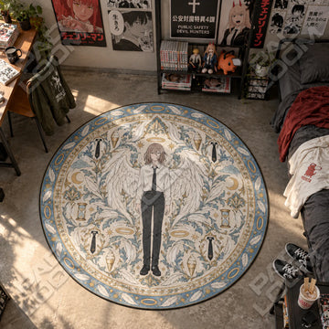 Angel Devil Halo Chainsaw Man round rug on a bedroom floor - Chainsaw Man chair mat