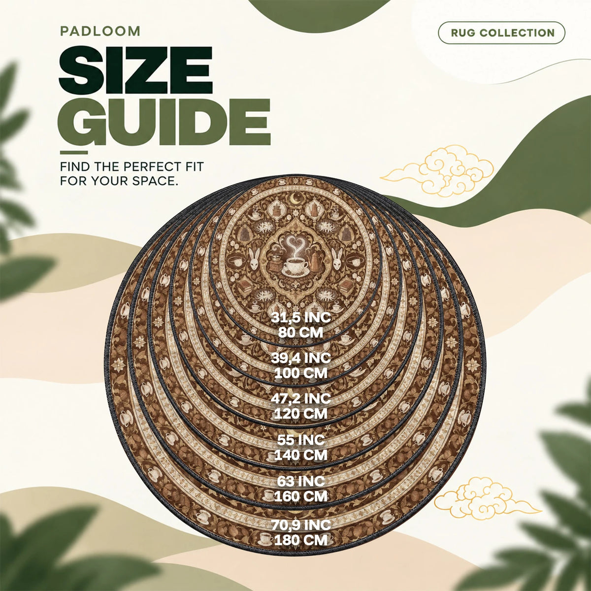 Anteiku Coffee round rug size guide, 80 to 180 cm (31.5 to 70.9 in)