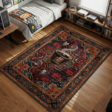 Anteiku coffee cup with red spider lilies and ghoul masks in gothic ornate art style area rug and floor mat